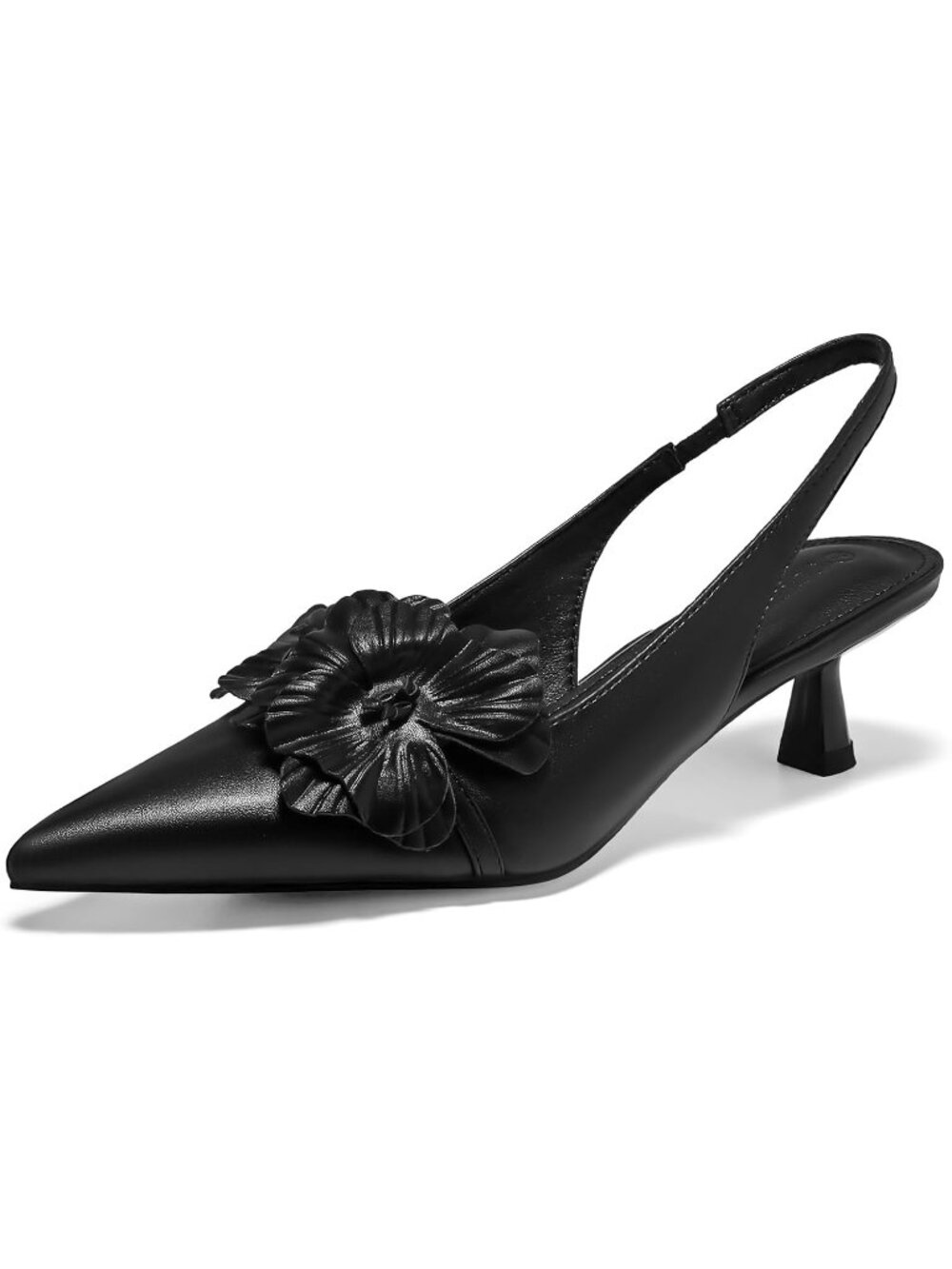Womens Black Flower Closed Pointed Toe Slingback Kitten Heel Wedding Pumps Shoes